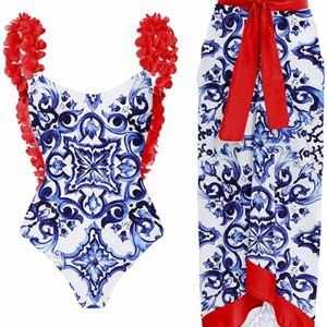 Fun and Fabulous, One Piece Swimsuit with Beach Cover up Wrap Skirt Sarong!